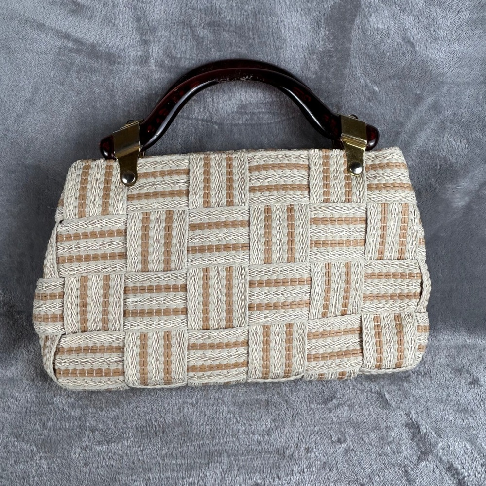 Vintage 60s Made in Italy Woven Straw Handbag Lucite Handle Cream Tan Bag